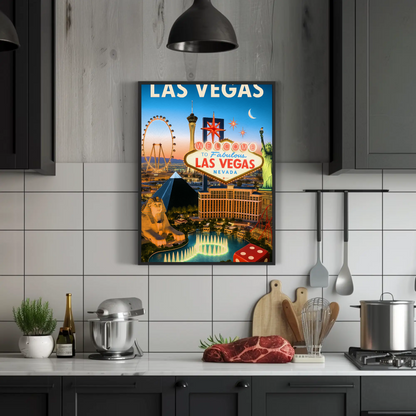 Las Vegas Iconic Landmarks Night Lights Vintage Travel Poster