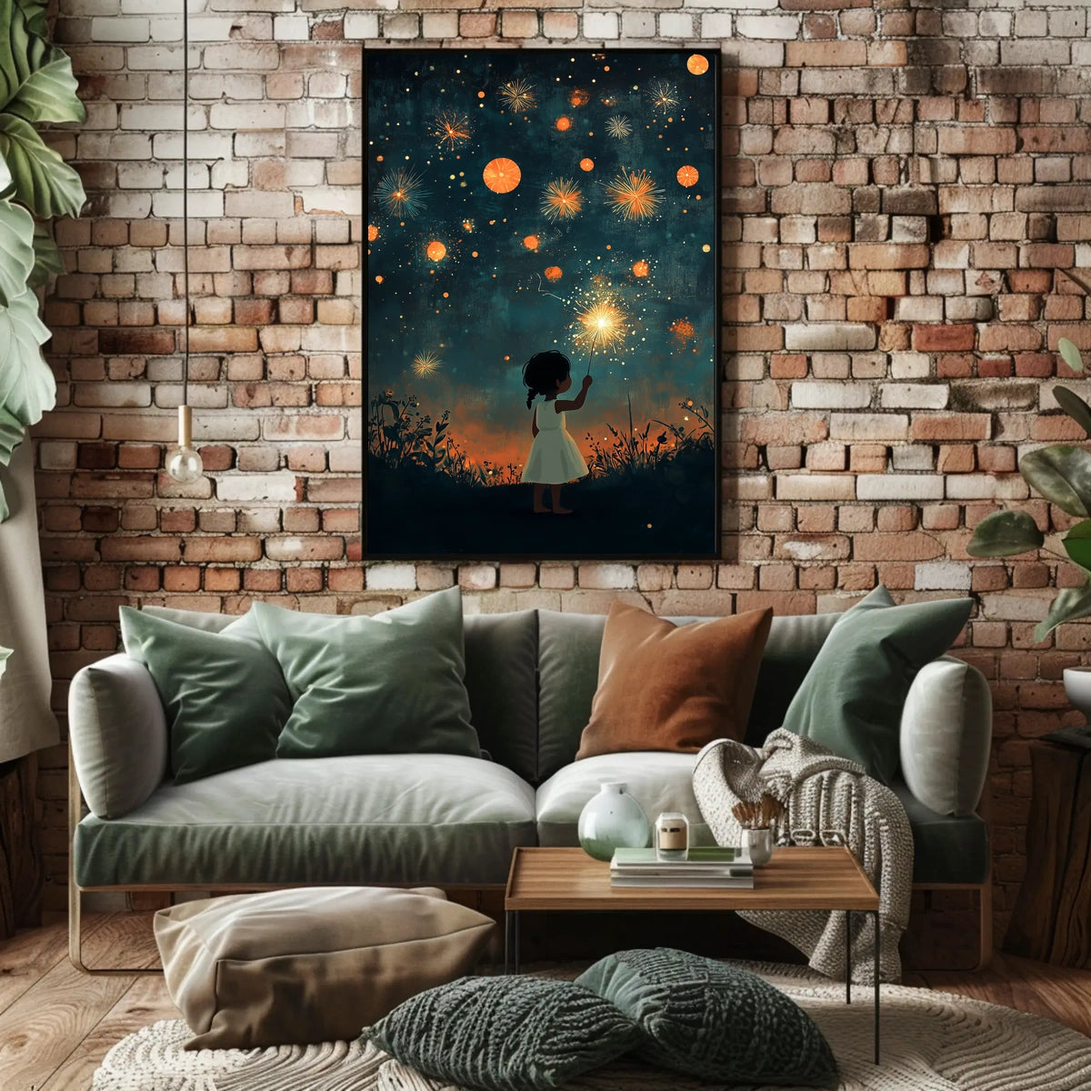 Young Girl Holding Sparkler Under Firework Sky Poster