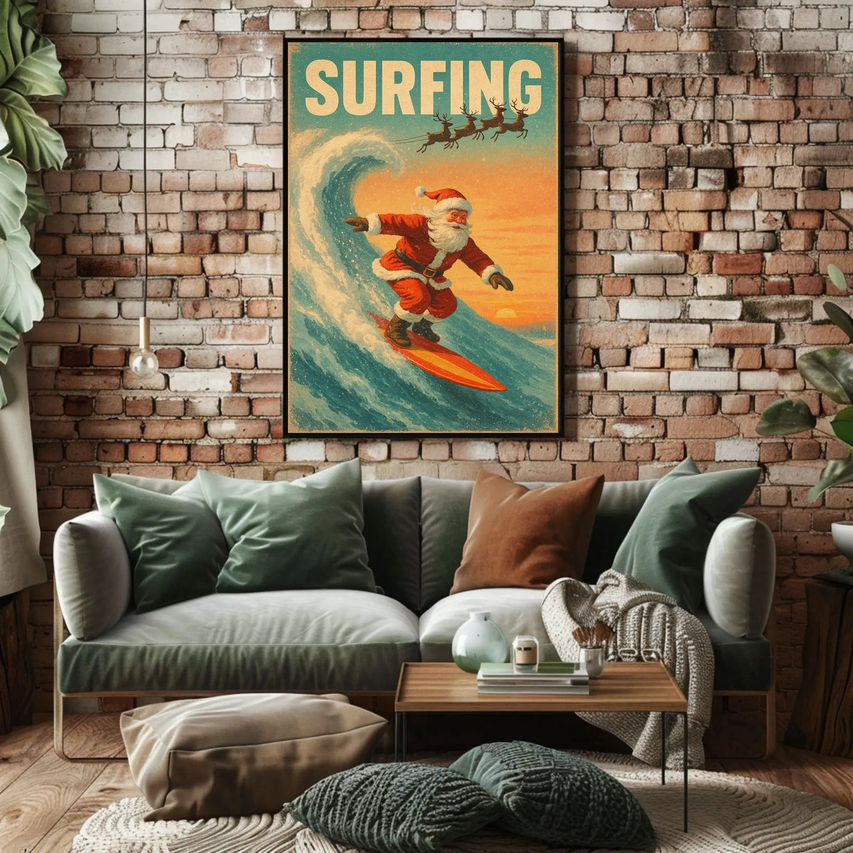 Santa Surfing Retro Christmas Holiday Poster