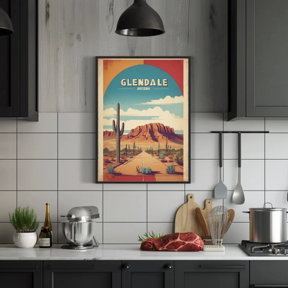 Glendale Arizona Cactus Roadscape Mesa Vintage Travel Poster