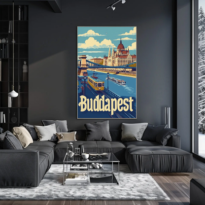 Budapest Parliament Bridge Tram River Travel Poster