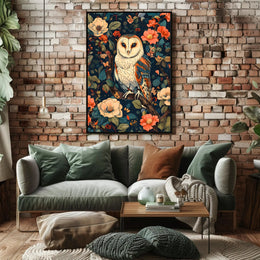 Barn Owl Amid Enchanted Flora: Artistic Animal Poster