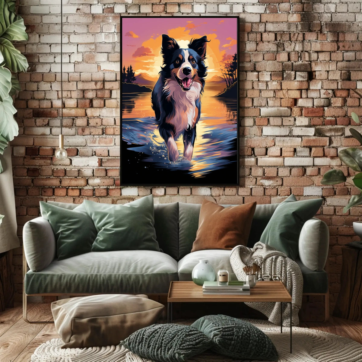 Cheerful Dog at Sunset Landscape Artistic Animal Poster