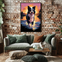 Cheerful Dog at Sunset Landscape Artistic Animal Poster