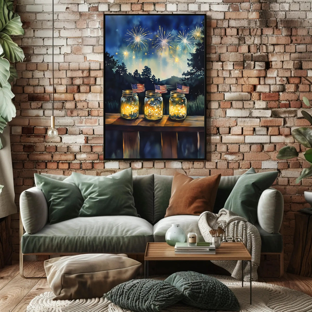 Three Mason Jars Glowing With Fireflies Rustic Poster