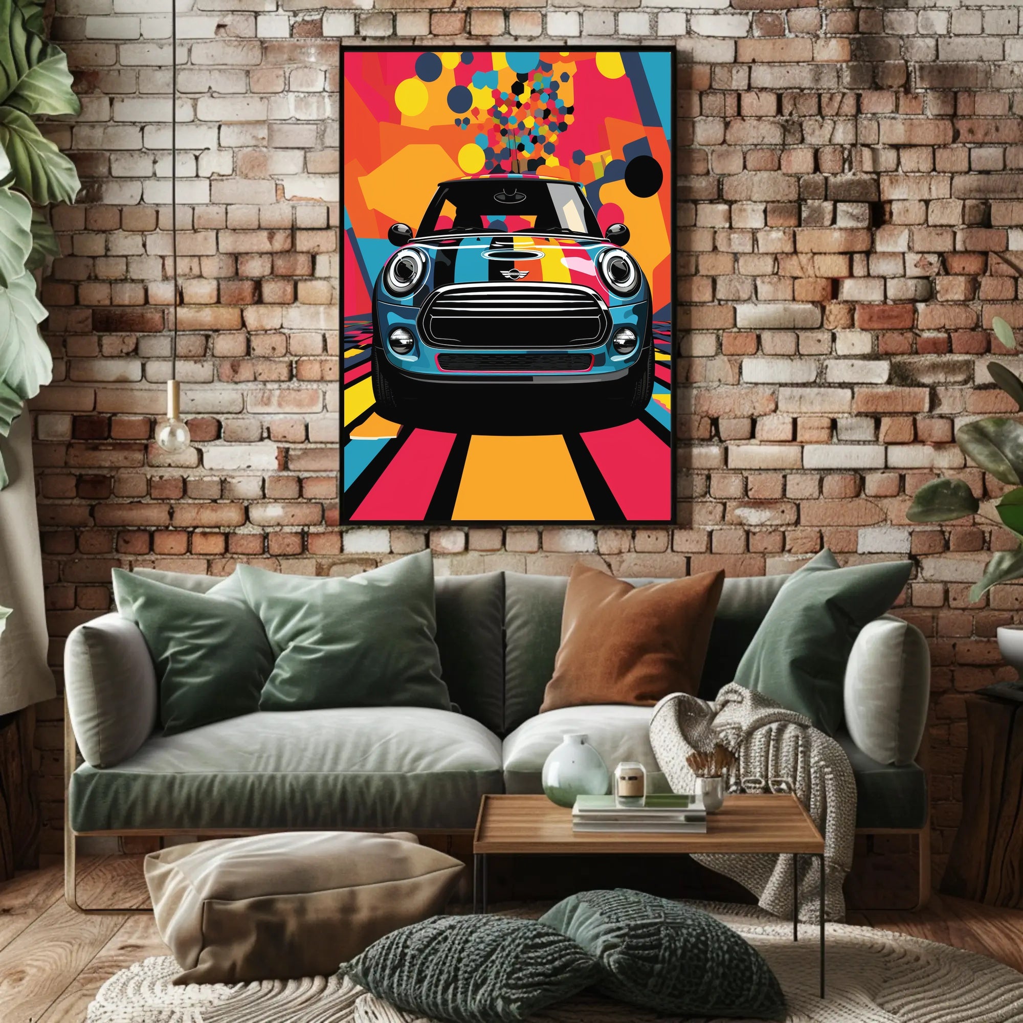 Mini Car Pop Art Poster: Vibrant Geometric Design