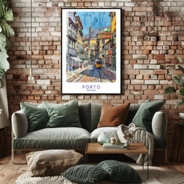 Porto Vibrant Cityscape Yellow Tram Urban Cityscape Poster PosterGoat