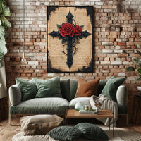Gothic Cross with Red Roses Artistic Wall Decor Poster