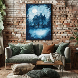 Victorian Mansion Nightscape Gothic Vibes Artistic Poster