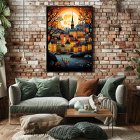 Vibrant Moonlit Classic European Townscape Art Travel Poster