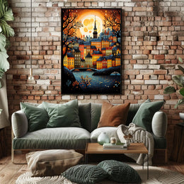 Vibrant Moonlit Classic European Townscape Art Travel Poster
