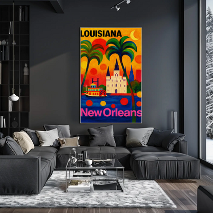 New Orleans Louisiana Steamboat Cathedral Cityscape Travel Poster