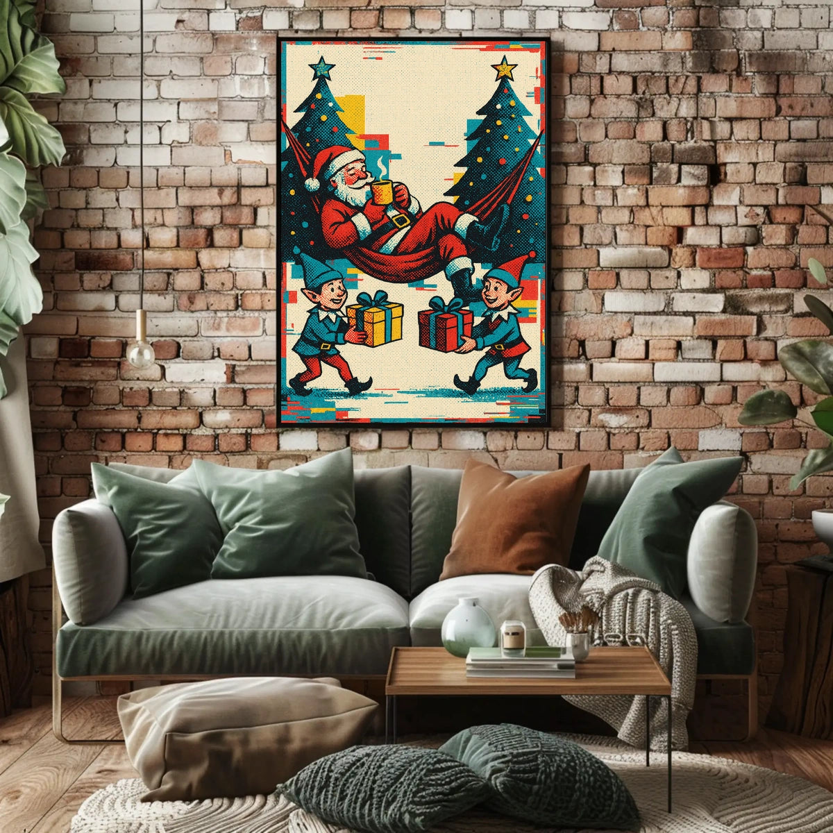 Festive Santa and Elves Vintage Christmas Poster