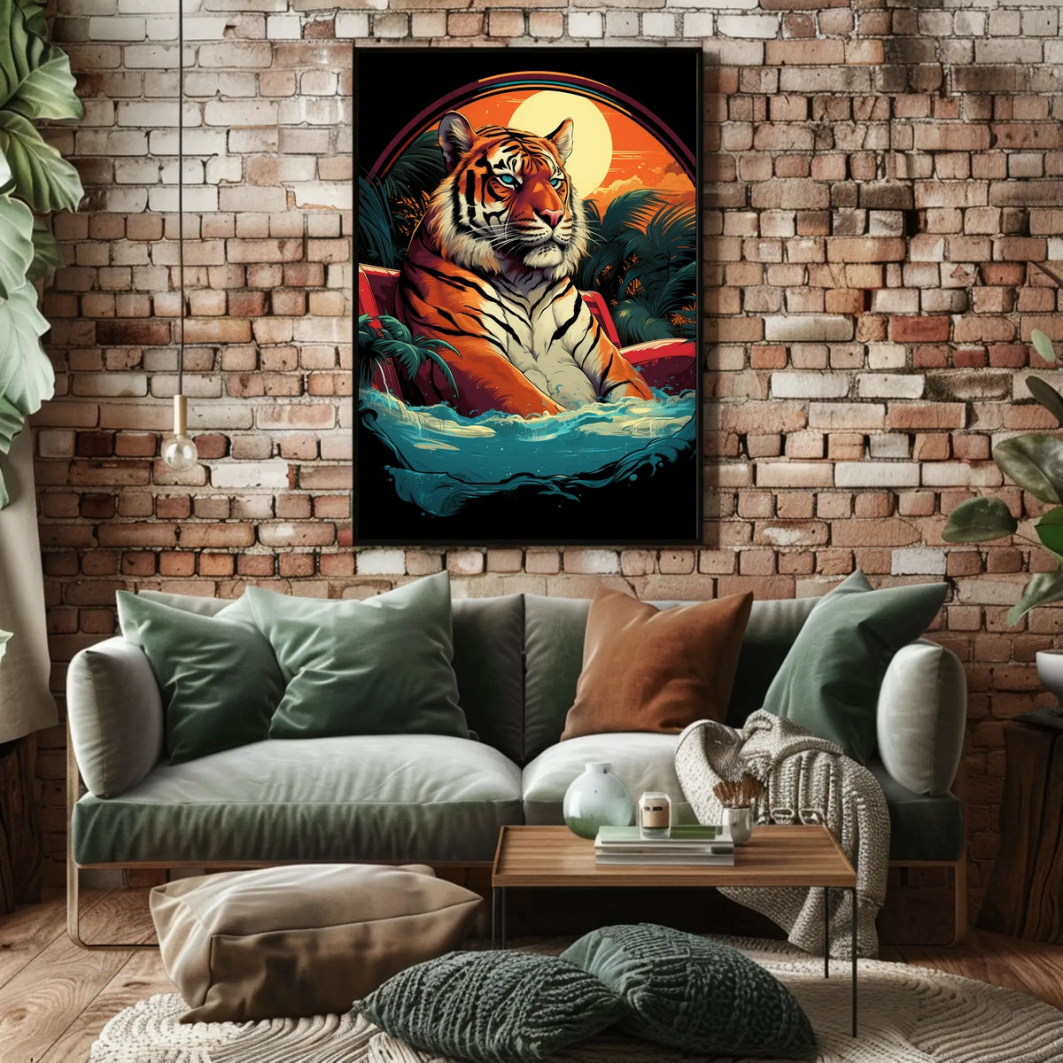 Tiger Majestically Lounging Amid Vivid Tropical Plants Animal Poster