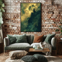 Mysterious Cloaked Figure Under Glowing Moon Fantasy Poster