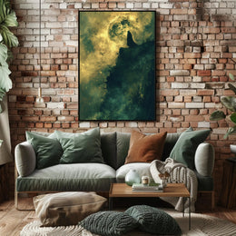 Mysterious Cloaked Figure Under Glowing Moon Fantasy Poster