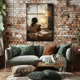 Little Girl Watching Fireworks At Window Scene Poster