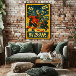 Whimsical Reindeer Ice Hockey Vintage Sports Poster
