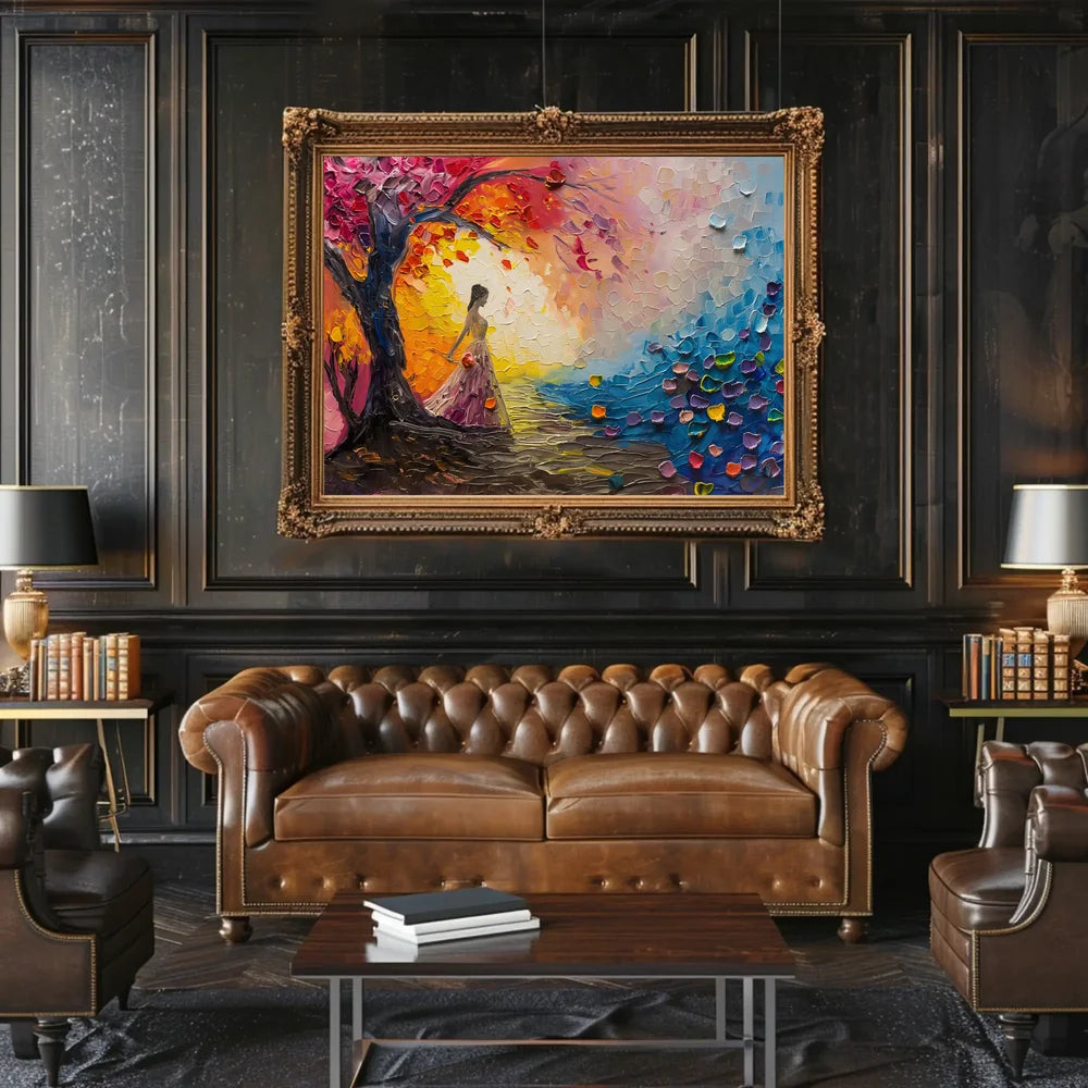 Dreamlike Woman Under Vibrant Abstract Tree Poster