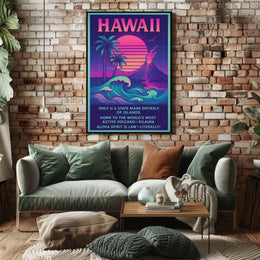 The poster centers on Hawaii, emphasizing its unique geographical and cultural attributes. The Travel Poster