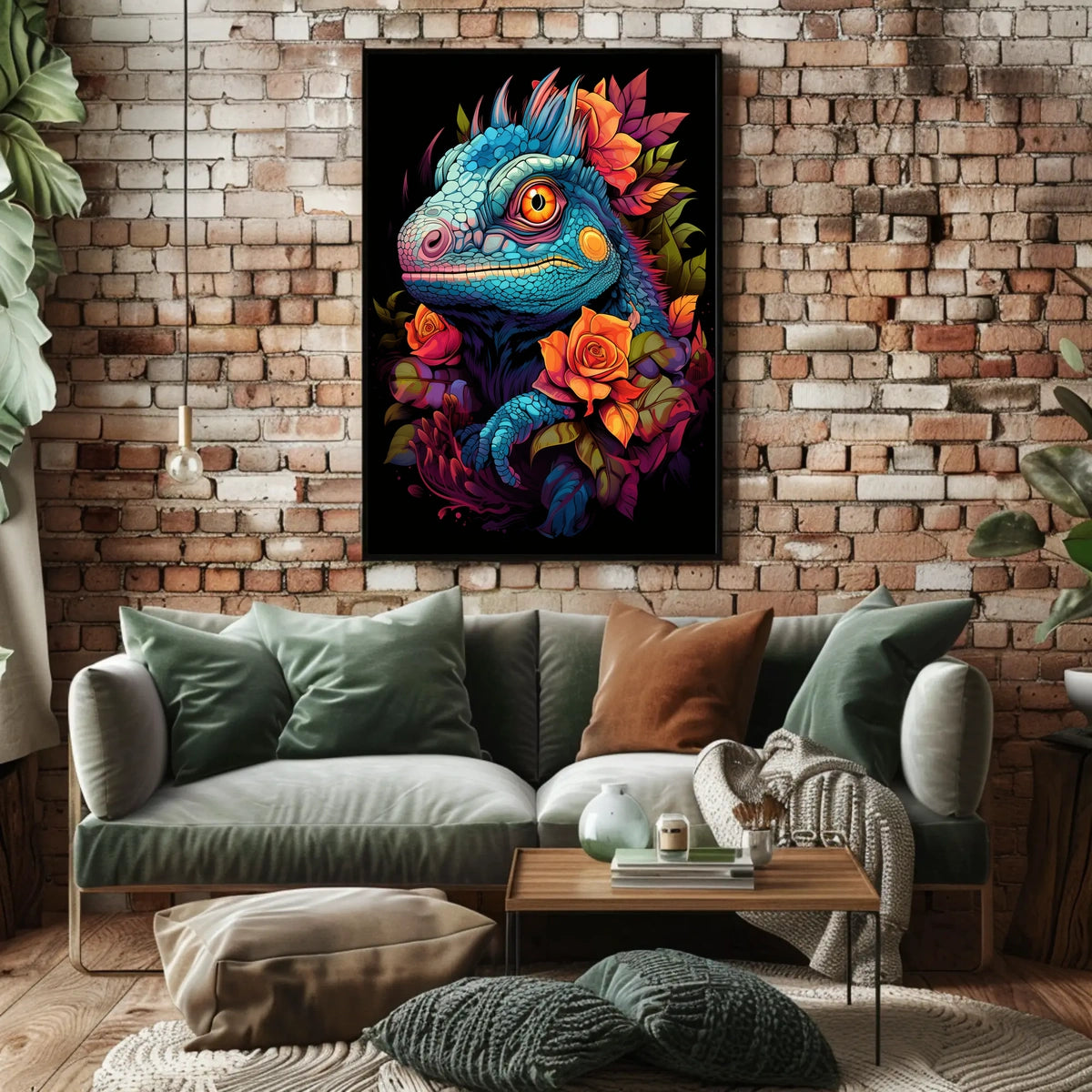Vibrant Iguana With Roses Poster