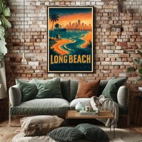 Long Beach Coastal Scene Retro Style Palm Trees City Skyline Poster