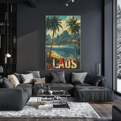 Laos Palm Trees River Mountain Jungle View Travel Poster