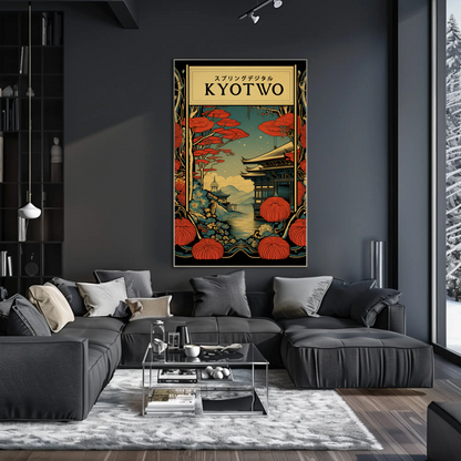 Kyoto Lanterns and Temple Nightscape Travel Poster