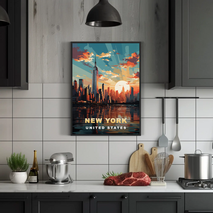 New York City Empire Sunset Reflection Vintage Travel Poster