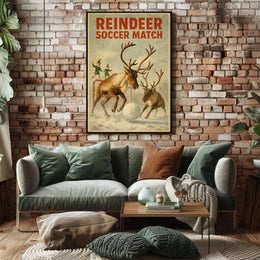 Reindeer Soccer Match Vintage Christmas Poster