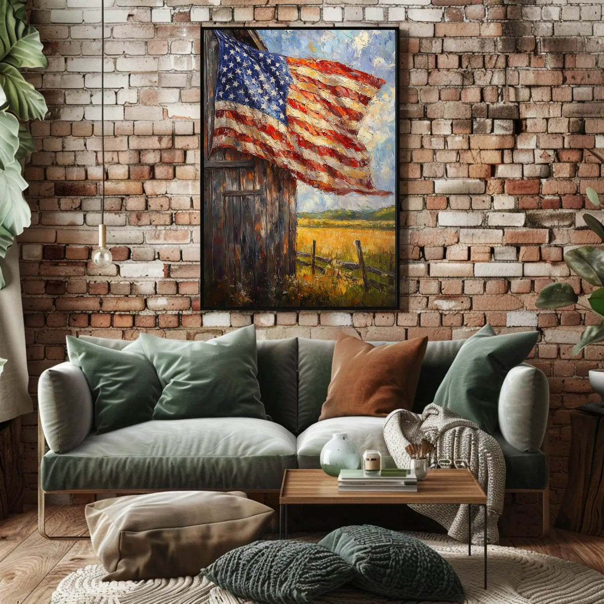 Flag Draped Rustic Wooden Barn Landscape With Fence Poster