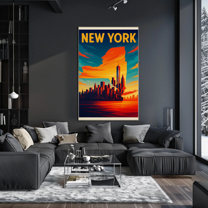 New York State Outline Skyline Sunset Silhouette Travel Poster