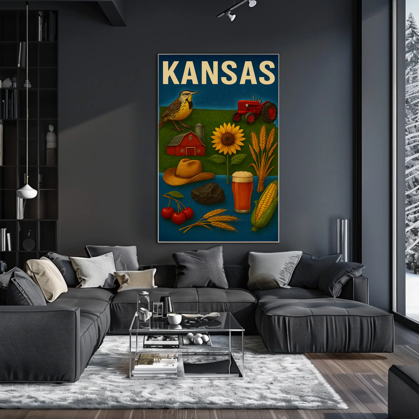 Kansas State Symbols Agriculture Sunflower Tractor Poster Poster