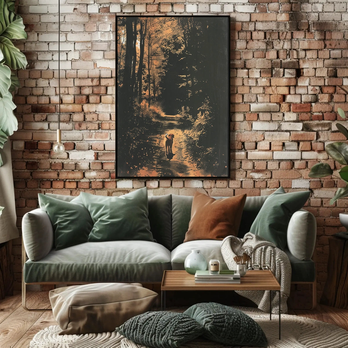Serene Woodland Walk with Dog Autumn Poster