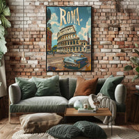 Vintage Rome Colosseum Scene with Classic Car Travel Poster