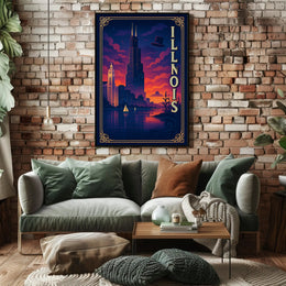 Illinois Skyline at Sunset: Captivating Travel Poster