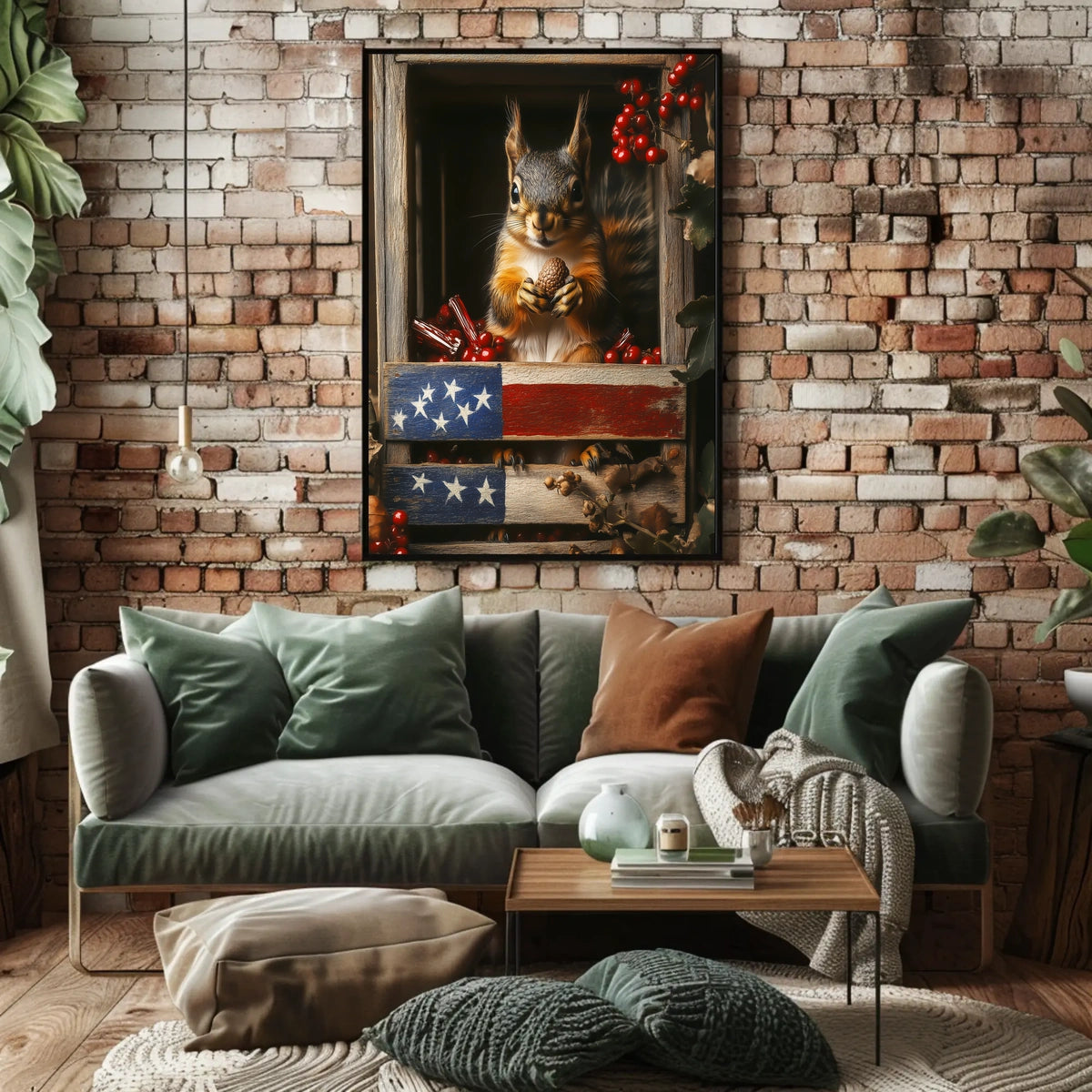 squirrel sitting upright inside a wooden crate Poster