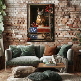 squirrel sitting upright inside a wooden crate Poster
