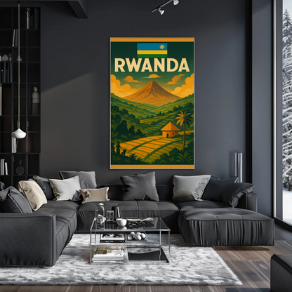 Rwanda Flag and Fields Sunset Travel Poster