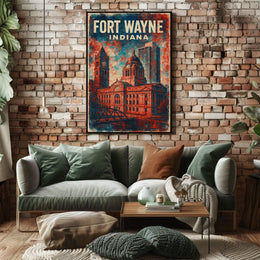 Fort Wayne Retro Cityscape Travel Poster