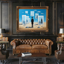 Surreal Desert Landscape with Bowler Hat Figure Artistic Poster