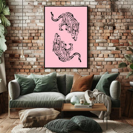 Stylized Black Ink Tigers on Pink Artistic Poster PosterGoat