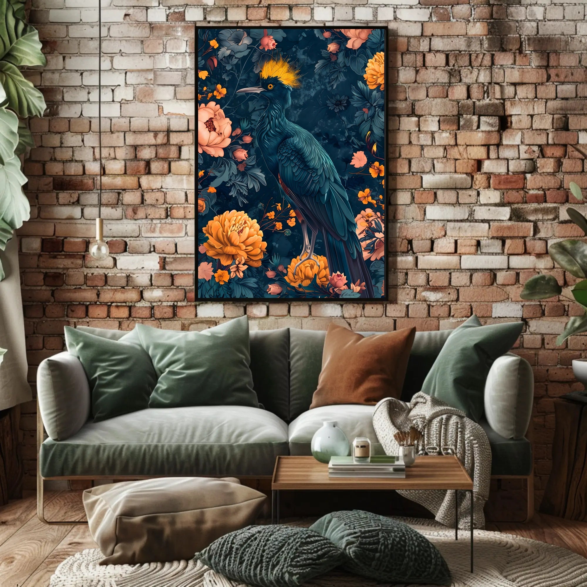 Vibrant Blue Bird with Floral Lush Animal Poster