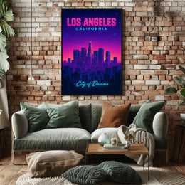 Neon Los Angeles Skyline Retro-Futuristic Urban or Cityscape Poster
