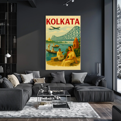 Kolkata India Bridge River Culture Scene Poster