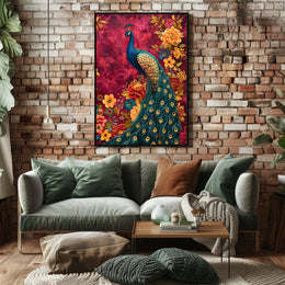Majestic Peacock Amidst Lush Blooms: Artistic Animal Poster