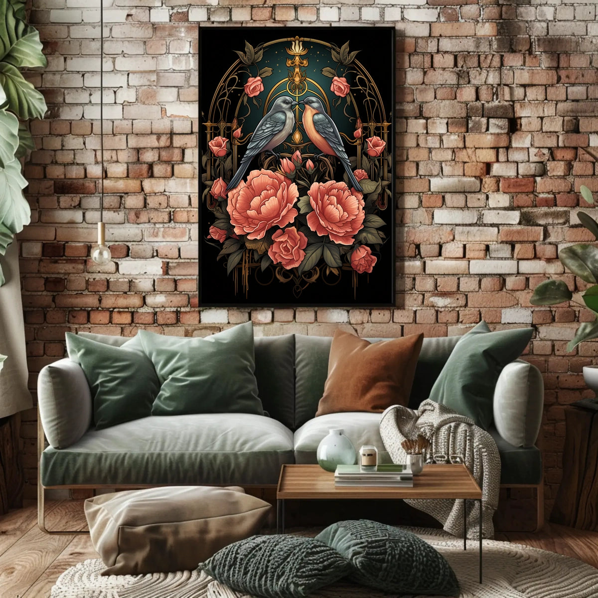 Art Nouveau Birds and Roses Vintage Poster