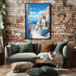 Santorini-Inspired Coastal Village Travel Poster