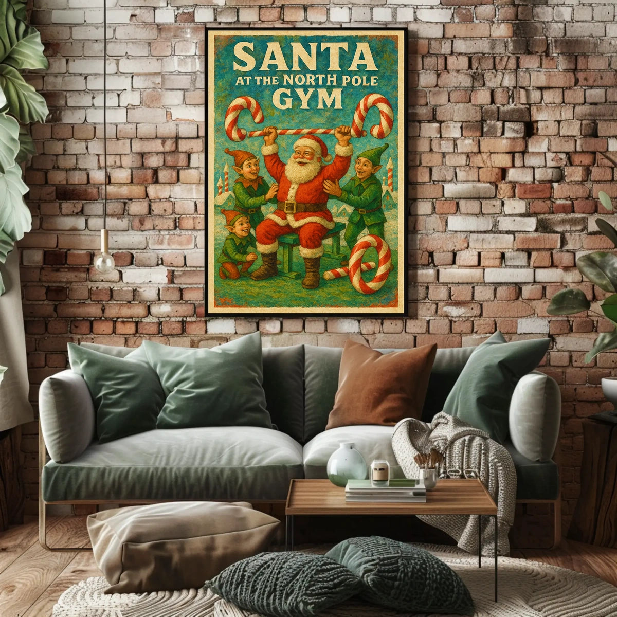 Santa's Whimsical Workout Festive Pop Culture Poster