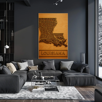 Louisiana Road Map Wood Engraved State Art Poster